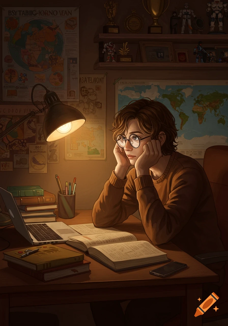 A person with glasses and a brown sweater sits at a wooden desk under a lamp, looking contemplatively at an open book.