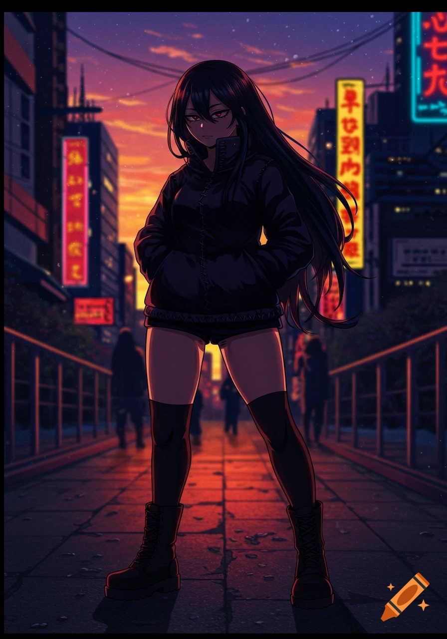 Anime-style female with long black hair, black jacket, shorts, and boots stands in a cyberpunk city at sunset.