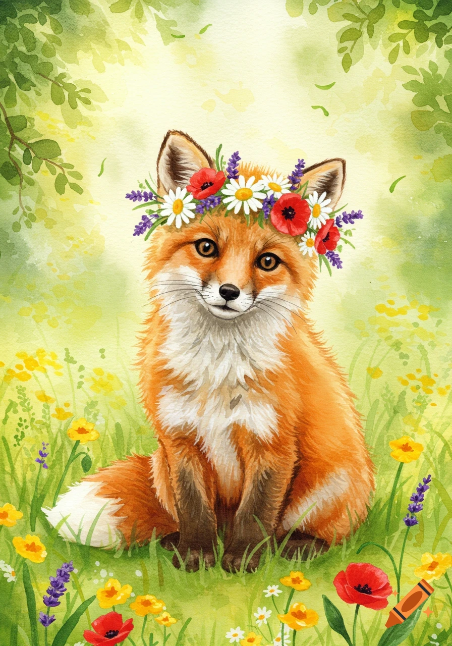 Cute watercolor fox wearing a flower crown, sitting in a field of wildflowers and green leaves.