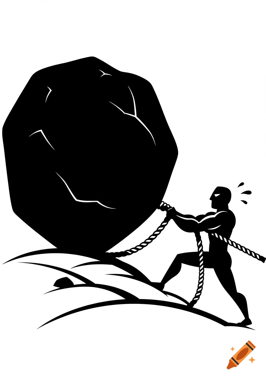 A muscular, silhouetted man strains to pull a large, cracked rock with ropes, in a black and white clipart style.