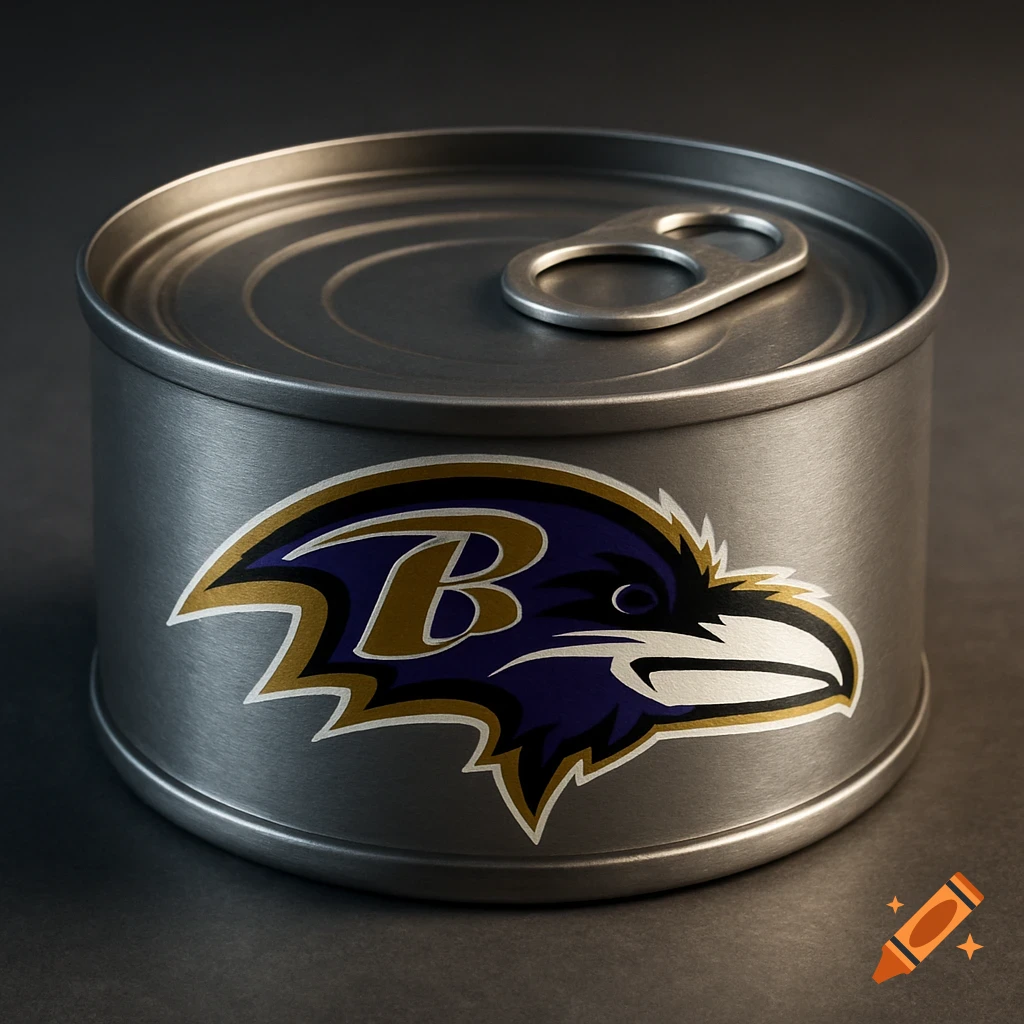 A metallic tuna can featuring the Baltimore Ravens logo on its side.