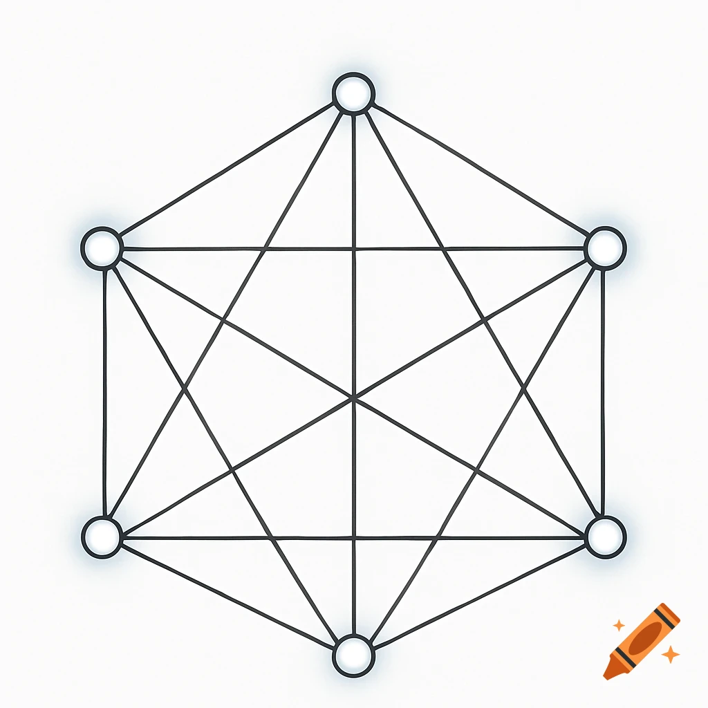 A geometric diagram showing six points arranged in a hexagon, with each point connected to all other points by lines.