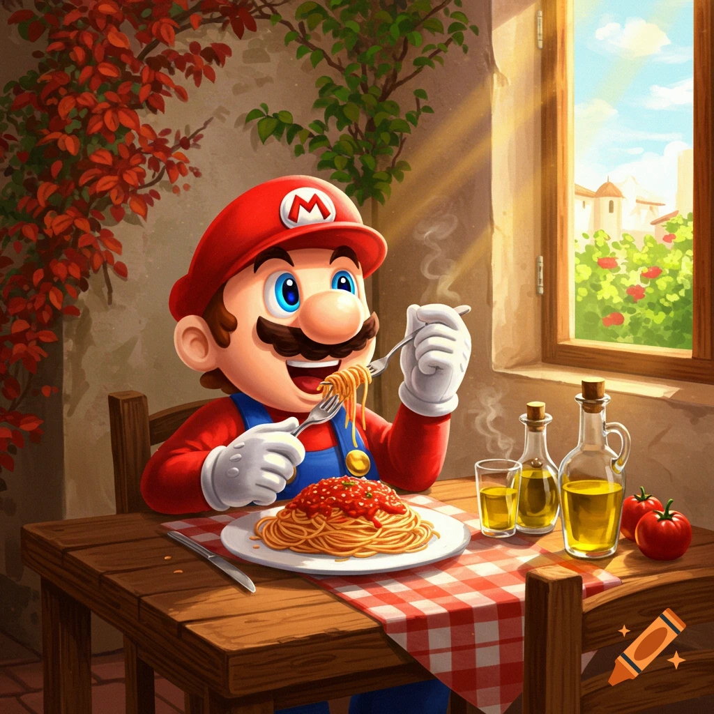 Mario happily eats a plate of spaghetti at a wooden table in a sunny, Italian-style room with vines on the wall.