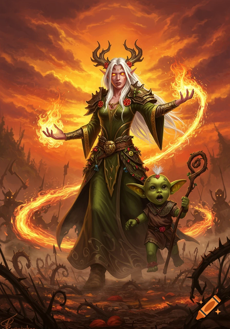 A long silver-haired druid elf with antlers wields fire magic alongside a toddler goblin companion on a fiery battlefield.