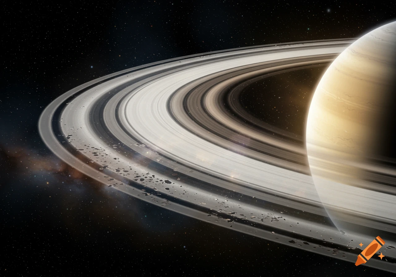Photorealistic close-up of Saturn with its iconic rings visible against a dark starry sky and distant nebula.