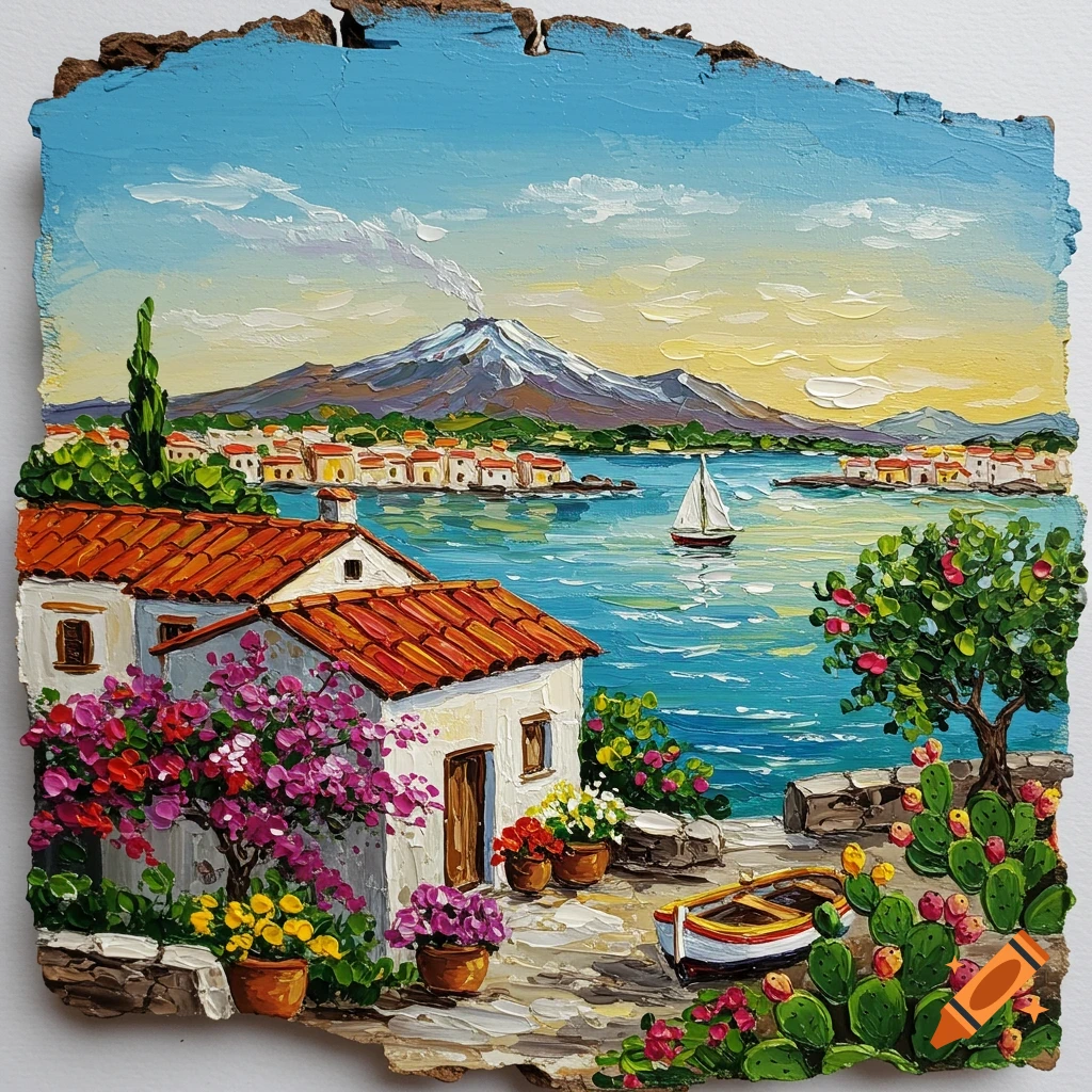 Vibrant impasto painting of a Mediterranean coastal village with white houses, colorful flowers, a sailboat, and a smoking volcano under a bright sky.