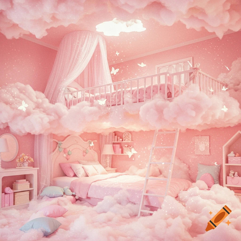 A surreal, dreamy pink bedroom with a loft bed and lower bed, surrounded by fluffy clouds and sparkling details.
