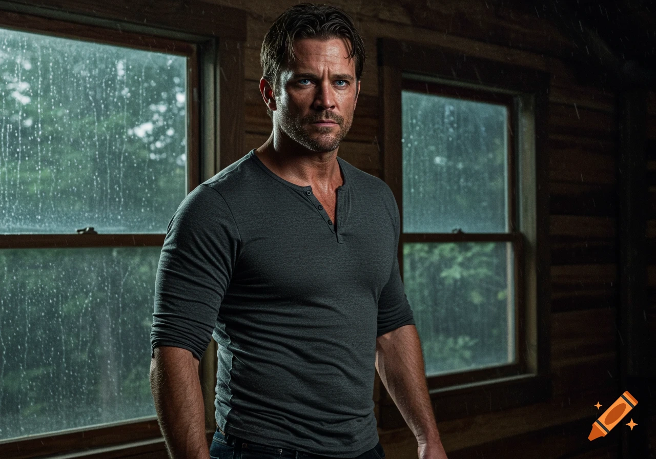 A rugged man with steel-blue eyes and dark hair stands in a dimly lit wooden cabin, rain visible outside the window. He wears a gray Henley.