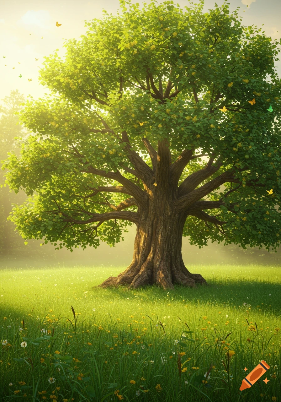 A large, vibrant green tree stands in a sunny meadow with wildflowers and butterflies, light shining through its leaves.