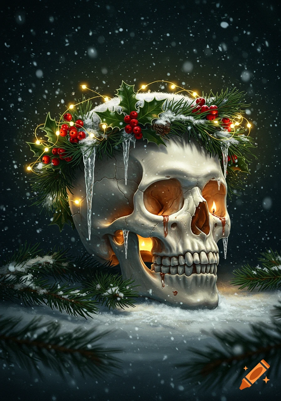 A detailed skull wears a festive Christmas wreath adorned with lights, holly, berries, and icicles, set in a snowy scene with candles glowing from within.