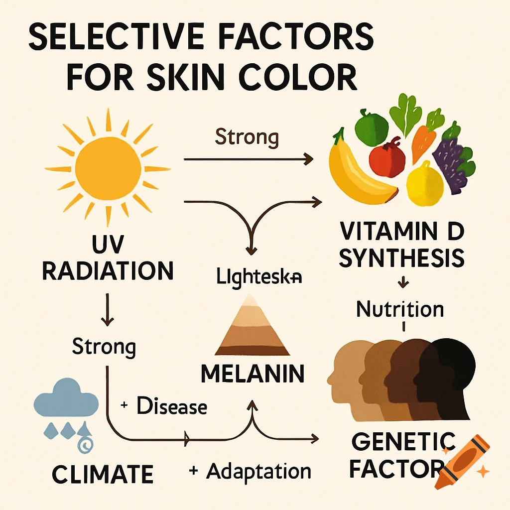 A diagram illustrating selective factors for skin color. Elements include UV radiation, Vitamin D synthesis, Melanin, Climate, and Genetic Factors.