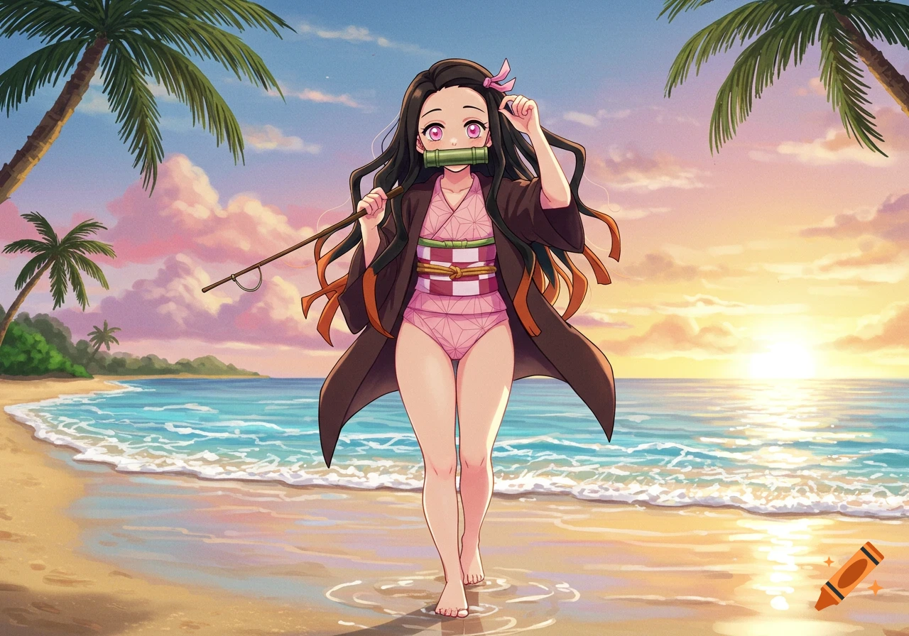 Anime character Nezuko in a pink swimsuit and brown haori, with a bamboo muzzle, walks on a beach at sunset with palm trees and ocean waves.