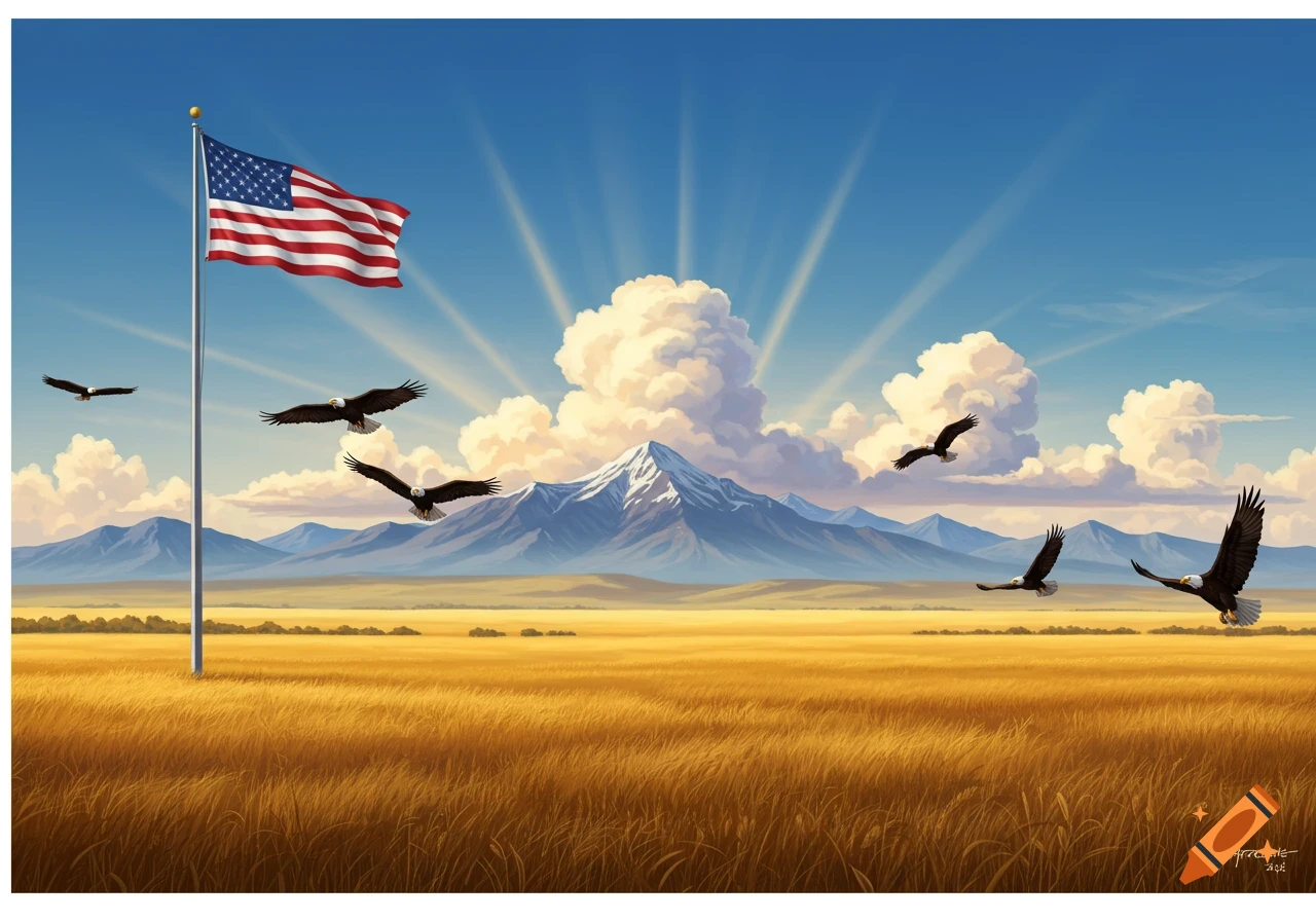 American flag waves over golden field, snow-capped mountains, and bald eagles flying under a radiant blue sky. Illustrated.