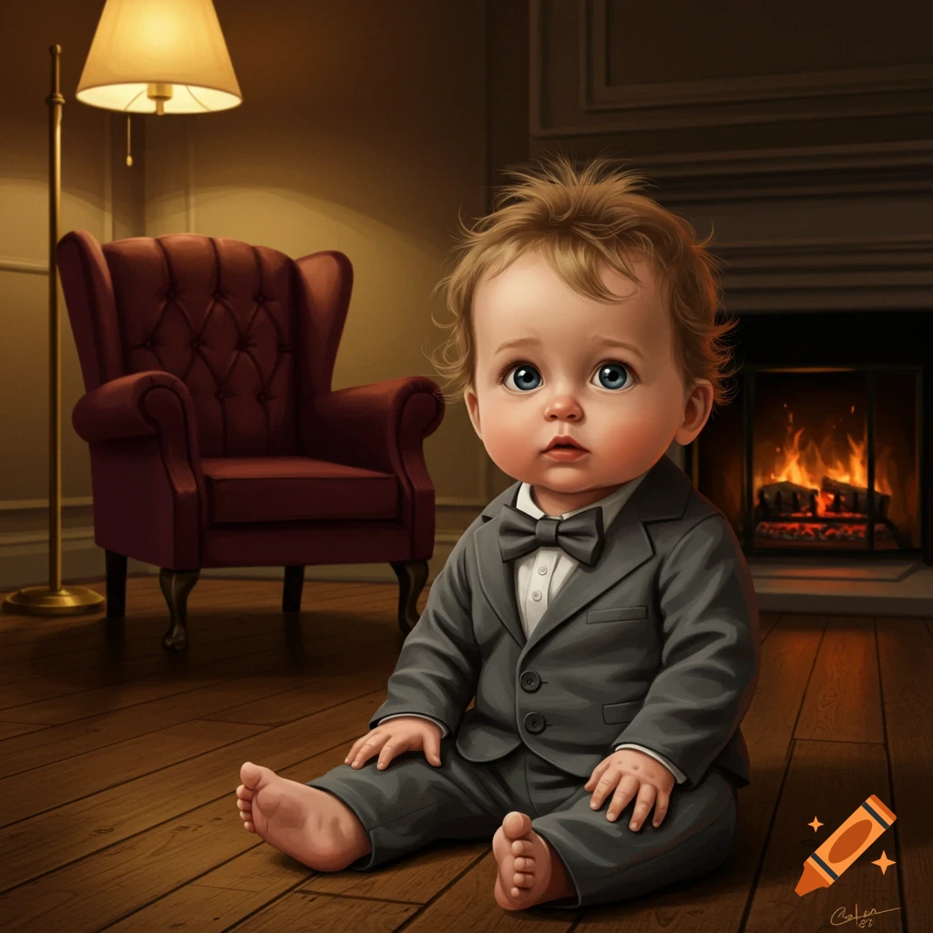 A cute baby in a grey suit and bow tie sits confused on a wooden floor in a cozy room with a fireplace.