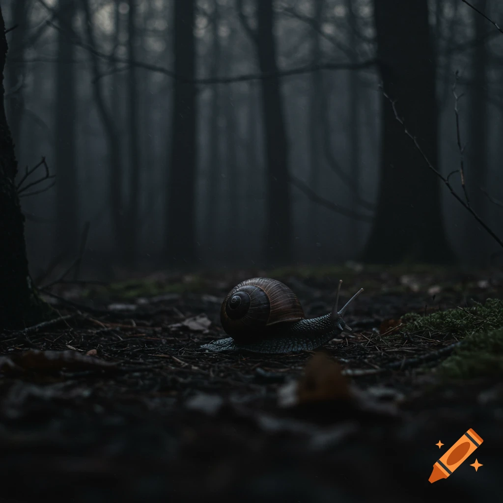 A snail with a dark shell crawls on the wet, dark forest floor in a misty, evening environment, photorealistic.