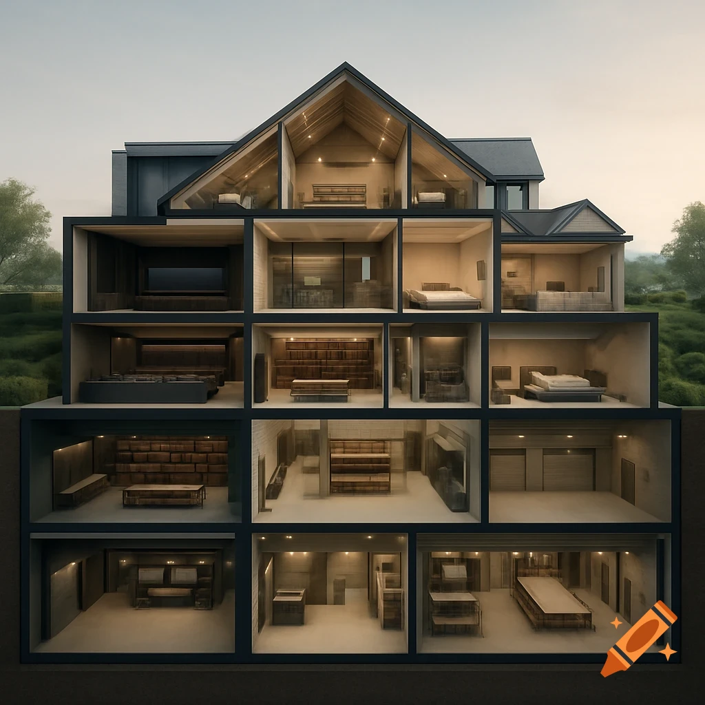 A detailed cutaway view of a modern multi-story house showing its various rooms, including basement and attic, rendered with architectural precision.