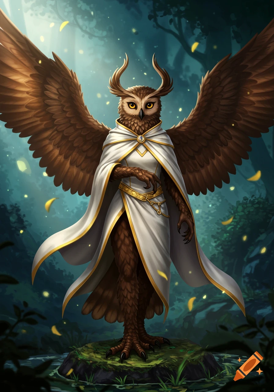A majestic female Owlin from Dungeons & Dragons with brown feathers, large wings, and horned crest, wearing a flowing white cloak, standing in a magical forest at night.