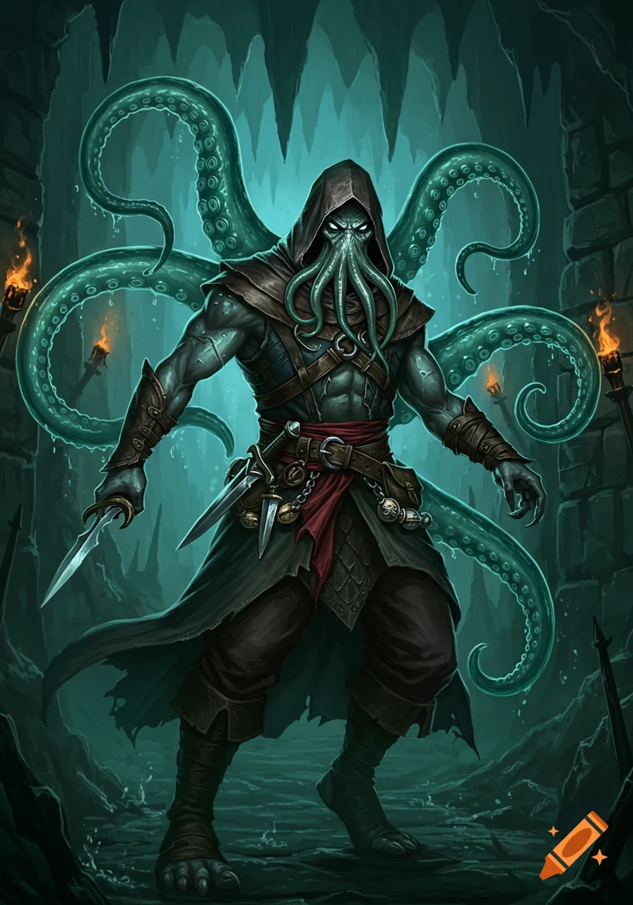 A hooded Kraken-man rogue with an octopus face, holding daggers, stands in a dark, teal-lit dungeon with torches. Fantasy art.
