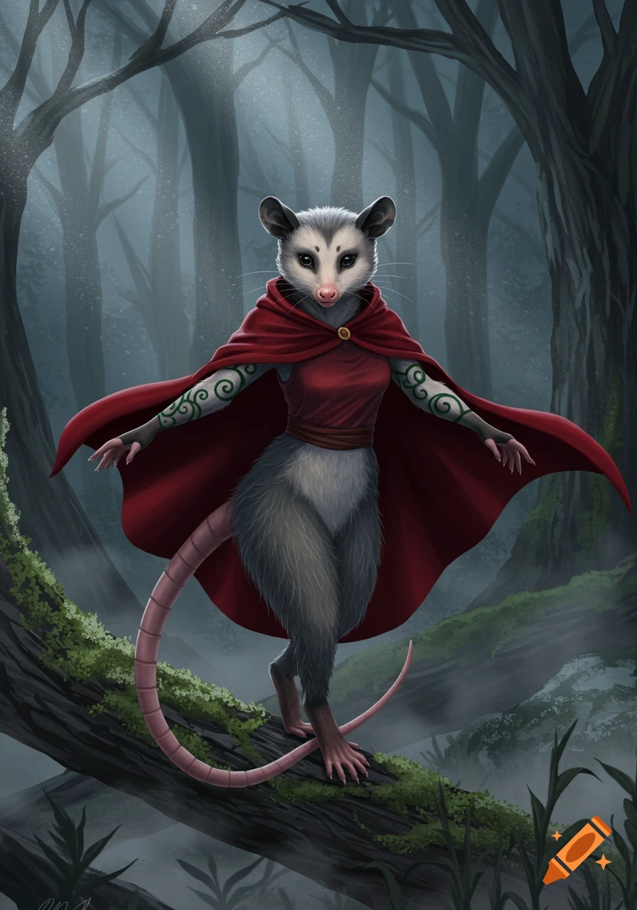 An anthropomorphic possum in a red cloak stands on a mossy log in a misty, dark forest.