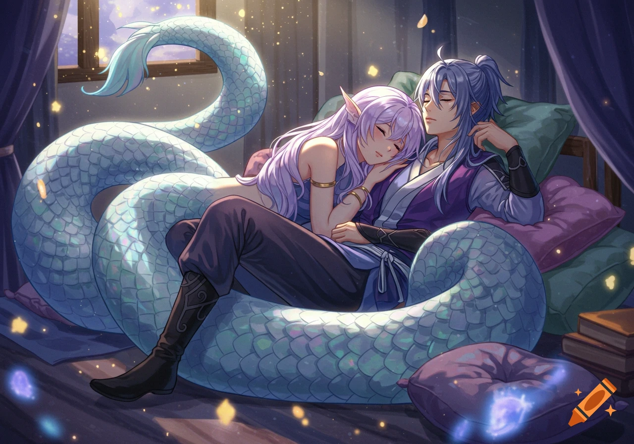 An anime naga with purple hair sleeps on a blue-haired man's chest, embraced in a cozy room.