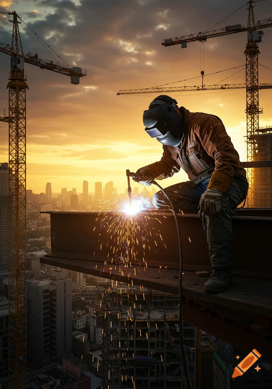 A welder in full PPE works on a high steel beam, sparks flying, with a city skyline and cranes at sunset.