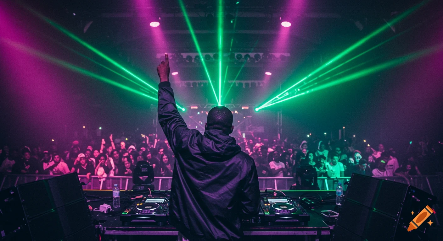A DJ in a black jacket and hood raises his hand to a cheering crowd at a vibrant concert with green laser lights and purple stage lighting.