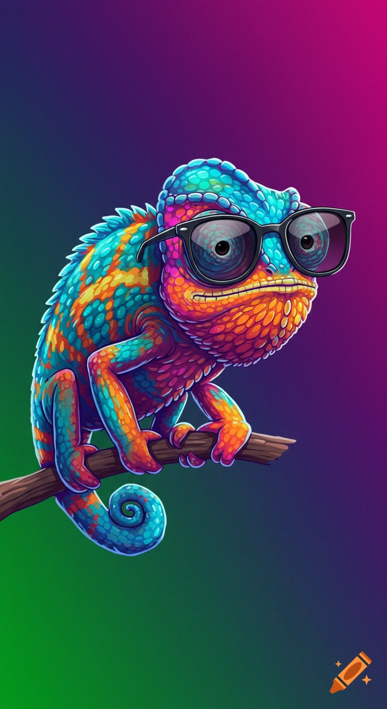 A vibrant cartoon chameleon wearing black sunglasses sits on a branch against a green and purple gradient background.
