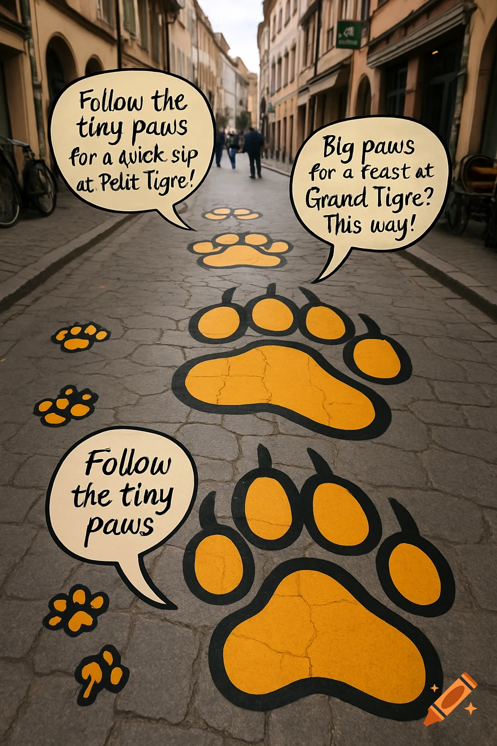 Yellow and black paw prints on a cobblestone street, with speech bubbles guiding people to 'Petit Tigre' and 'Grand Tigre'.