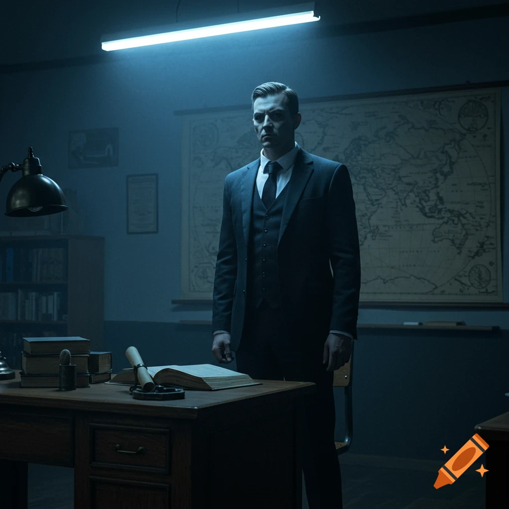 A man in a dark suit stands in a dimly lit, old-fashioned office or classroom with a world map and open book.