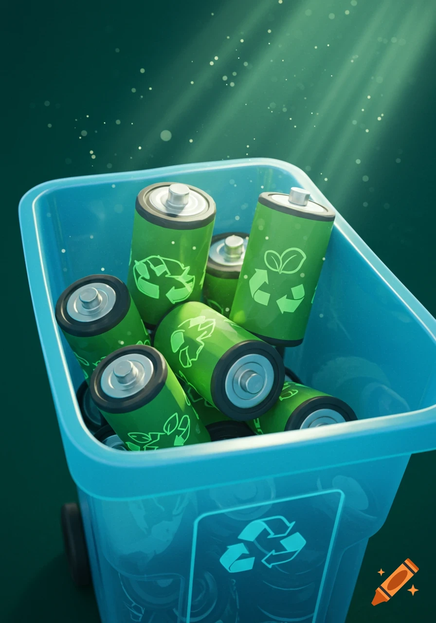 Stylized green batteries with recycling and leaf symbols in a blue recycling bin, illuminated by light rays.