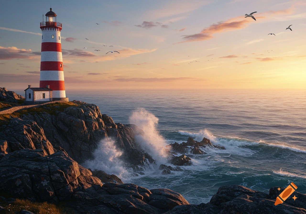 Photorealistic red and white lighthouse on a rocky coast with crashing waves at sunset, birds flying over the ocean.