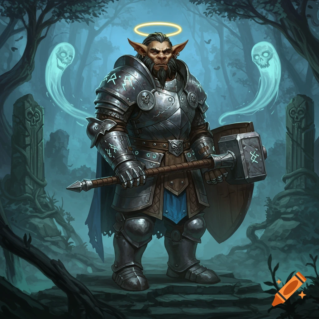 A bugbear paladin in intricate armor holding a large hammer, with two spectral ghosts in a mystical forest.