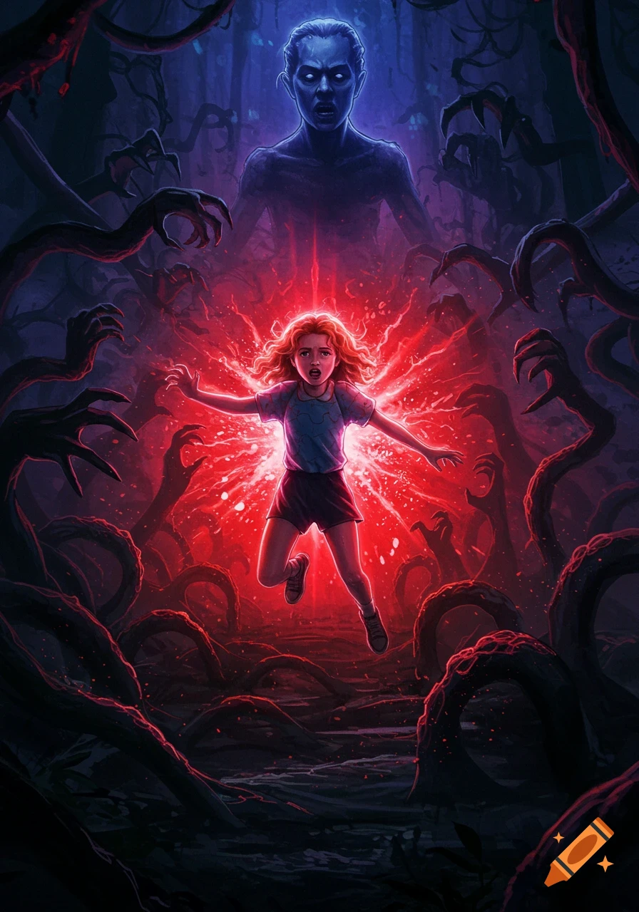 A young girl with red hair, in a blue shirt and shorts, floats amidst a bright red energy blast, surrounded by dark, clawed tendrils and a towering monster in the background. Dark fantasy illustration.