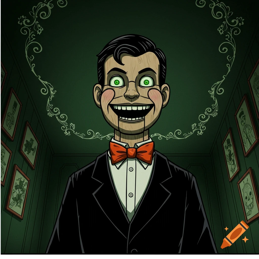 Creepy illustration of a sinister ventriloquist dummy in a black suit with green eyes and a wide grin, against a dark green background.