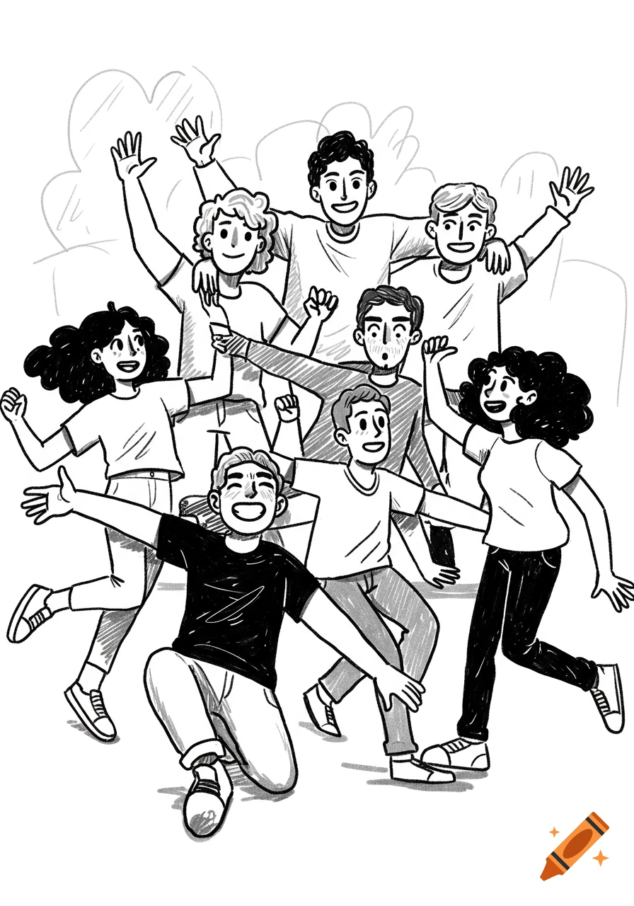 A black and white doodle illustration shows a diverse group of seven happy people waving and smiling, with some extending their arms.