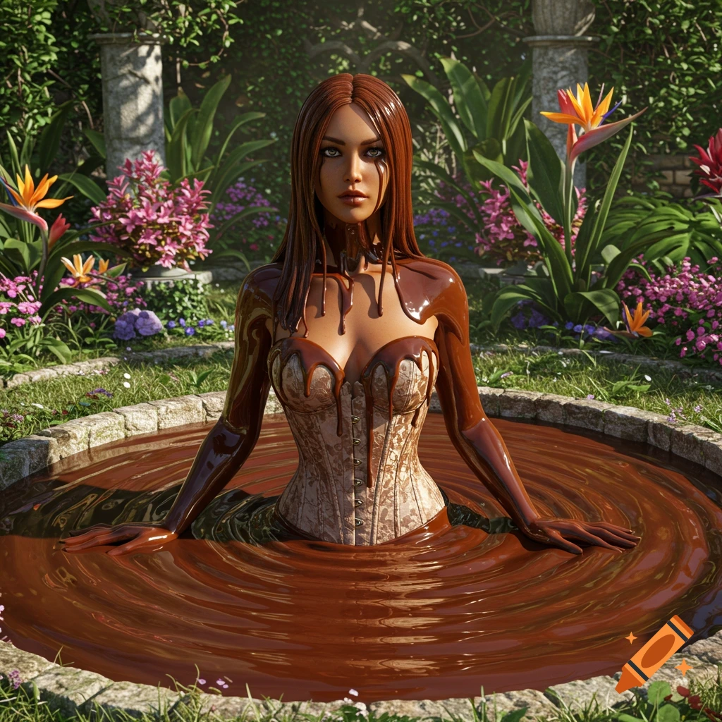 A photorealistic portrait of a woman with chocolate dripping from her hair and body, bathing in a chocolate pond in a lush garden.