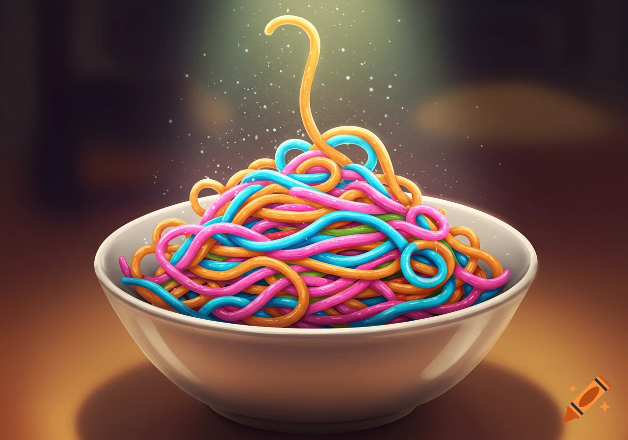 A white bowl filled with brightly colored, looping rainbow spaghetti, in a cartoon style with cinematic lighting.