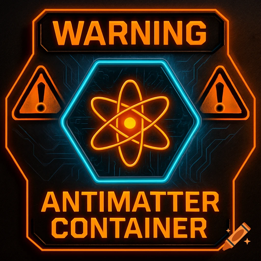 A neon orange and blue futuristic warning sign with "WARNING" and "ANTIMATTER CONTAINER" text and an atom symbol.