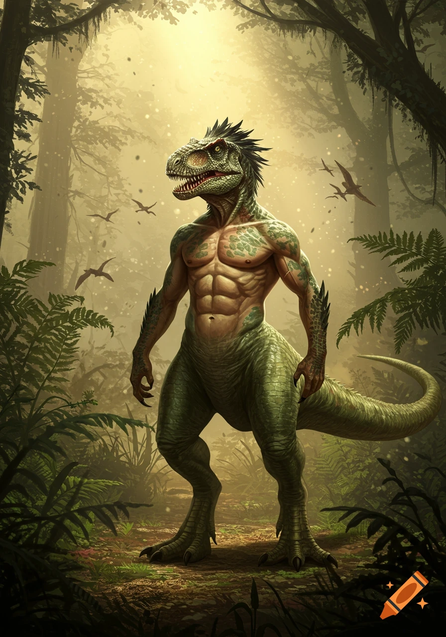 A muscular, bipedal dinosaur-human hybrid creature stands in a misty, sunlit jungle among ferns and tall trees.