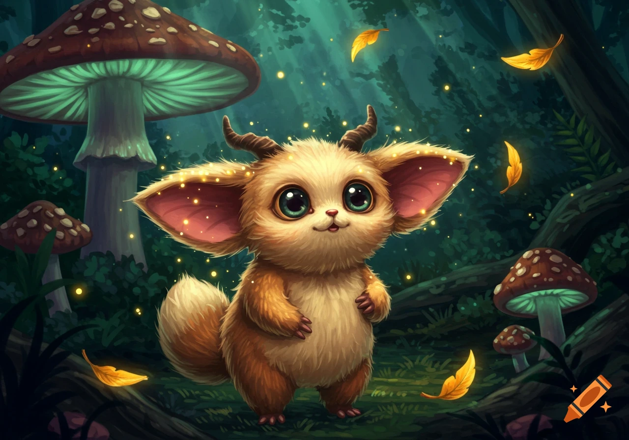 A cute, fluffy, tan creature with large ears and horns stands in a magical forest with glowing mushrooms and golden leaves.