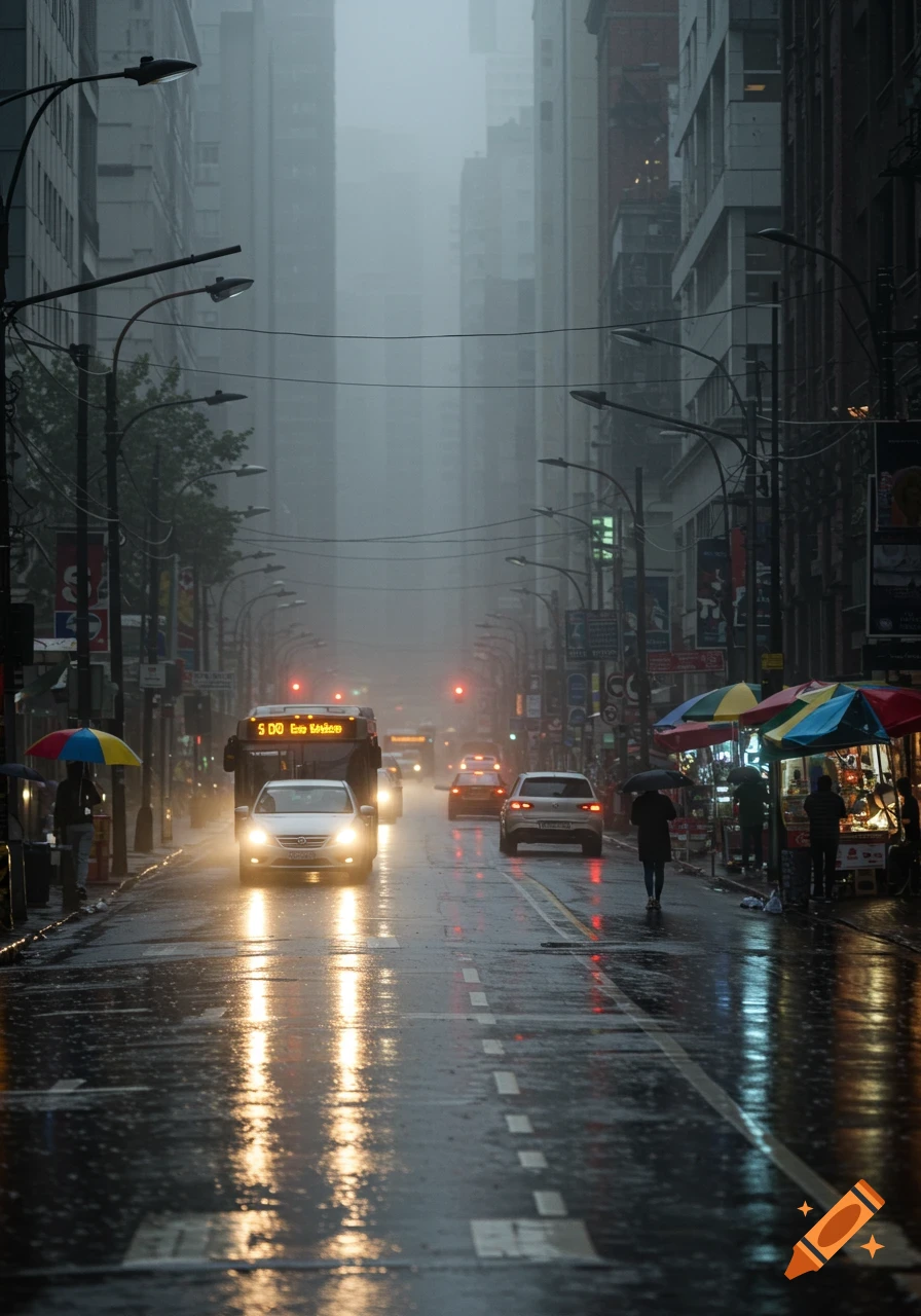 A rainy and foggy city street with cars, buses, and pedestrians, reflecting streetlights on the wet asphalt.