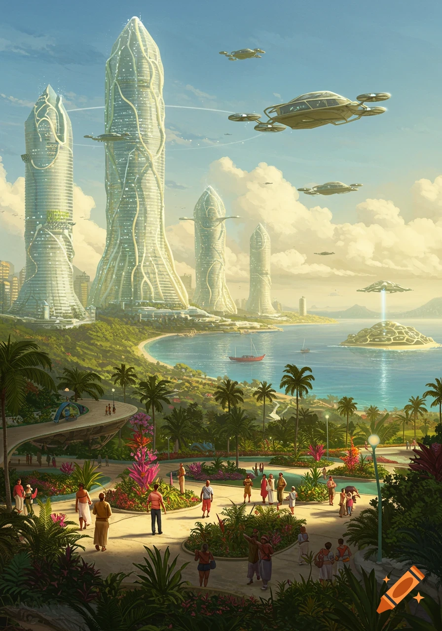 A vibrant, futuristic tropical city by a bay with towering organic skyscrapers, lush gardens, people, and flying vehicles.