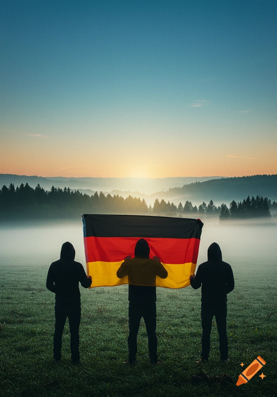 Three hooded figures holding a German flag from behind, silhouetted against a misty sunrise over a forest and field.