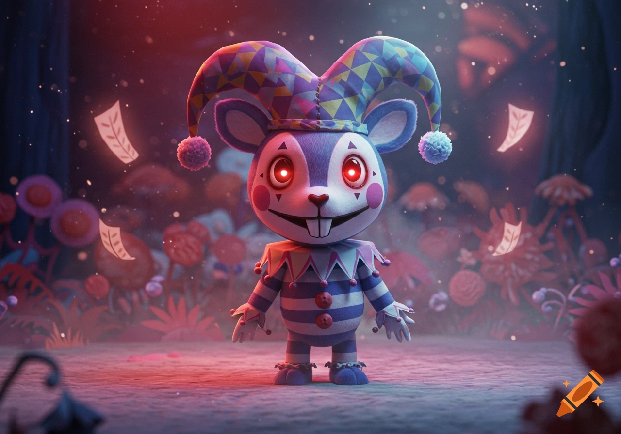 A 3D rendered cartoon rabbit-like jester with glowing red eyes stands in an eerie, glowing fantasy garden.