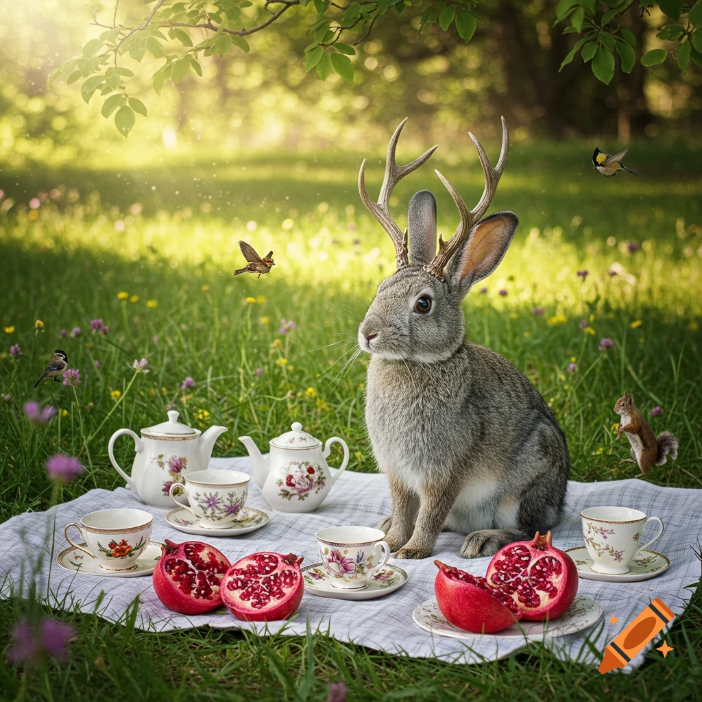 A whimsical jackalope sits at a tea party with pomegranates, teacups, and teapots on a checkered cloth in a sunny, grassy field with birds and a squirrel nearby.