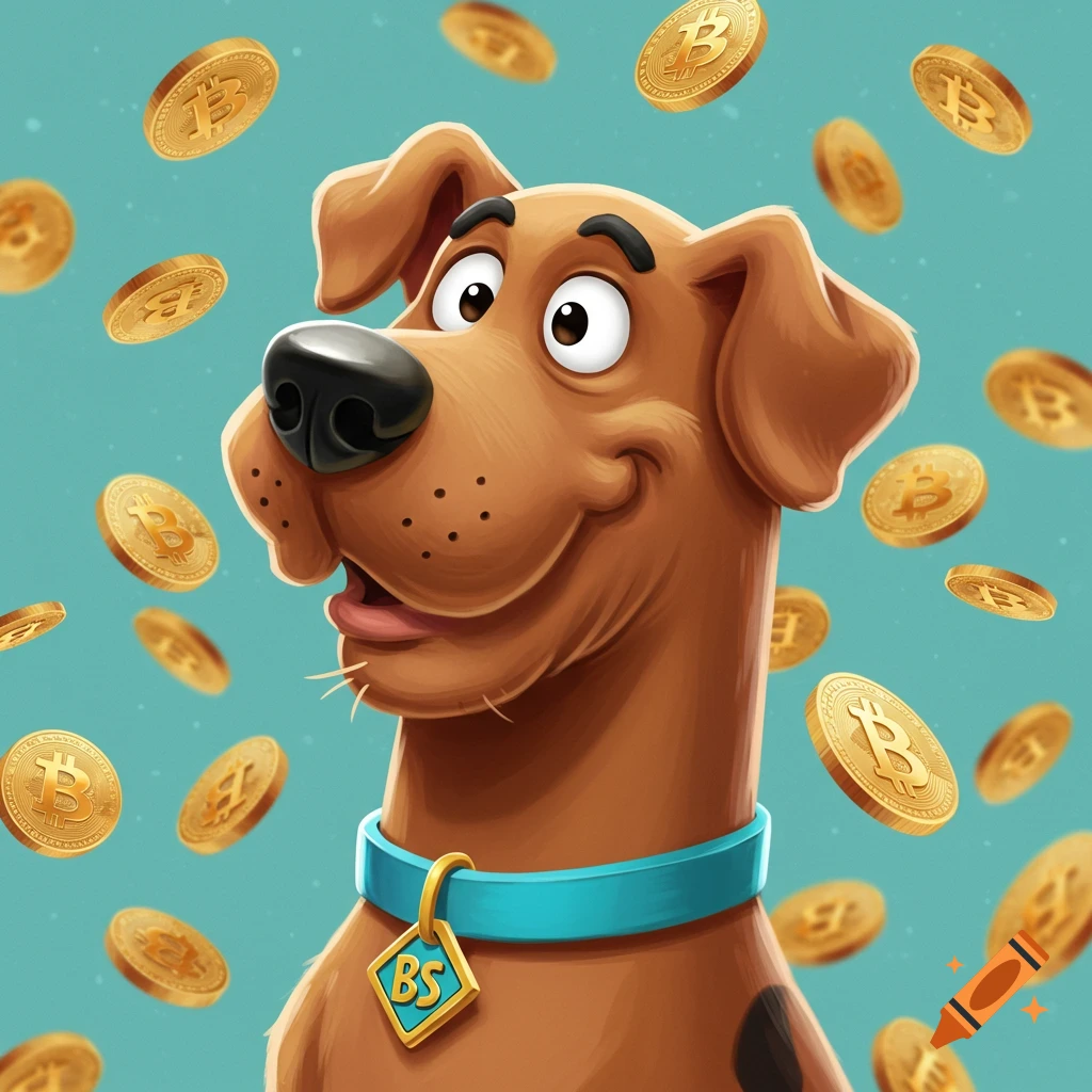 A happy cartoon dog, resembling Scooby-Doo, wearing a blue collar with a 'BS' tag, surrounded by floating Bitcoin coins.