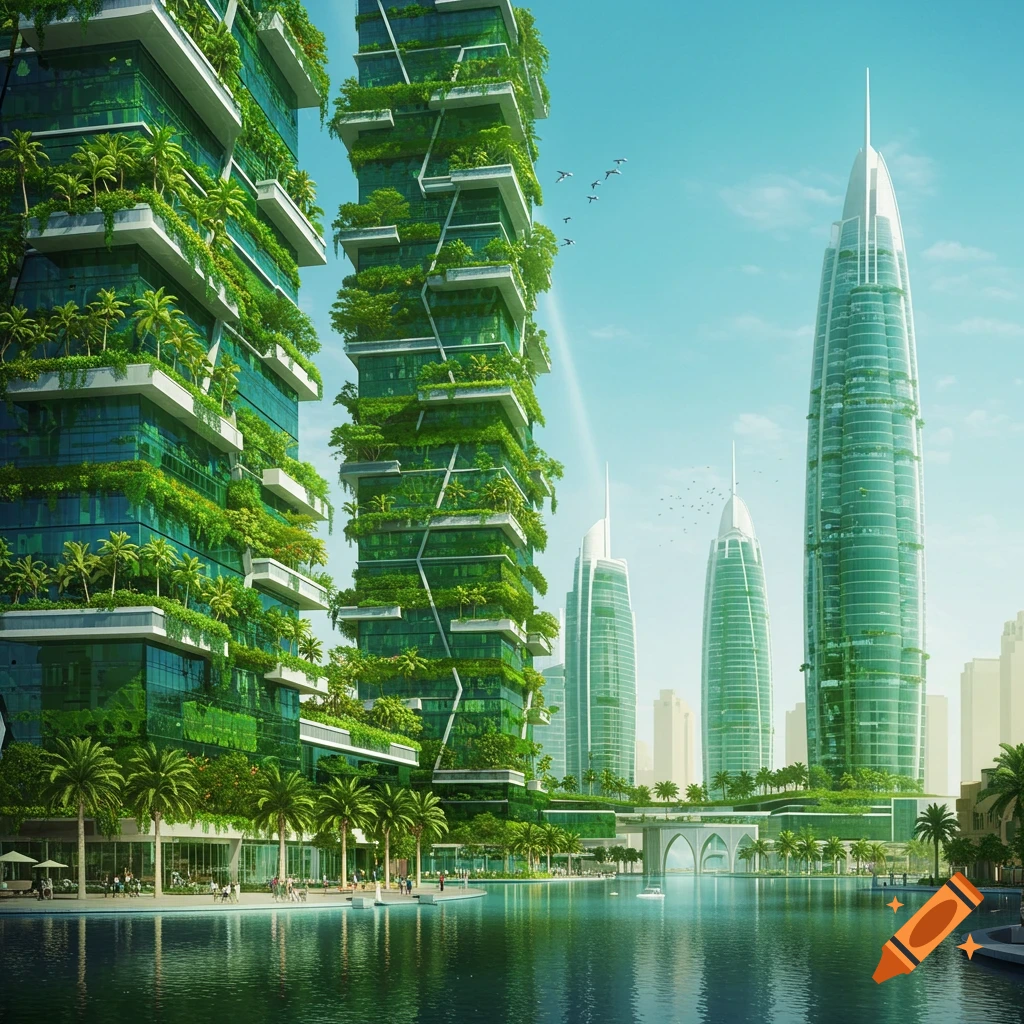 Picture of Modern green skyscrapers covered in lush foliage stand by a reflective body of water in a ...