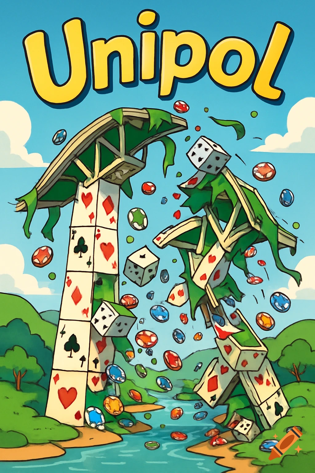 Cartoon illustration of a collapsing bridge made of playing cards and dice, with casino chips floating in a river landscape, and 'Unipol' text.