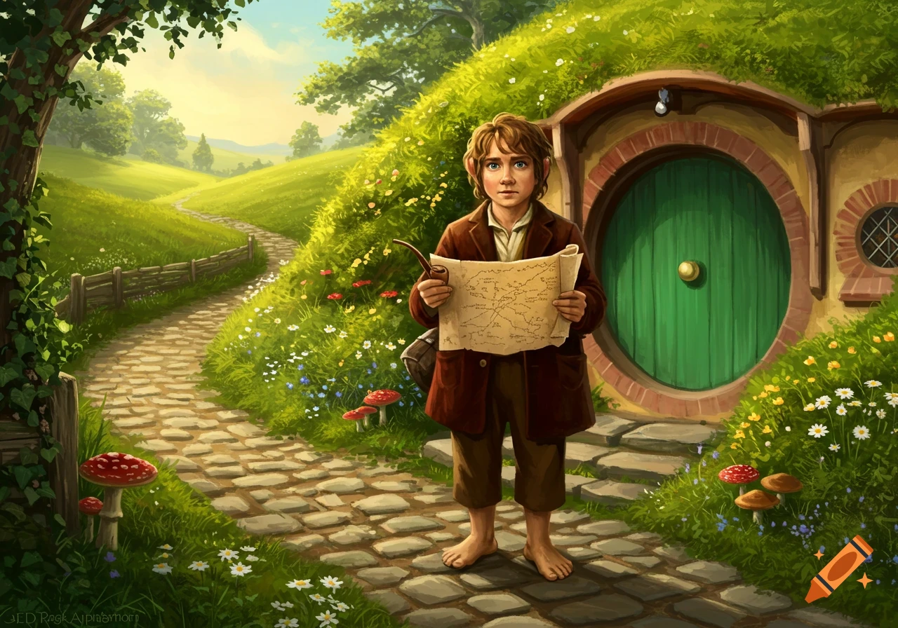 A young Bilbo Baggins stands barefoot on a stone path in front of a green hobbit-hole, holding a map and pipe, in a vibrant, verdant landscape. Stylized.