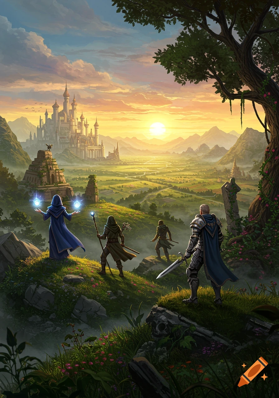 Four adventurers overlook a sprawling fantasy landscape with a distant castle and vibrant sunset.